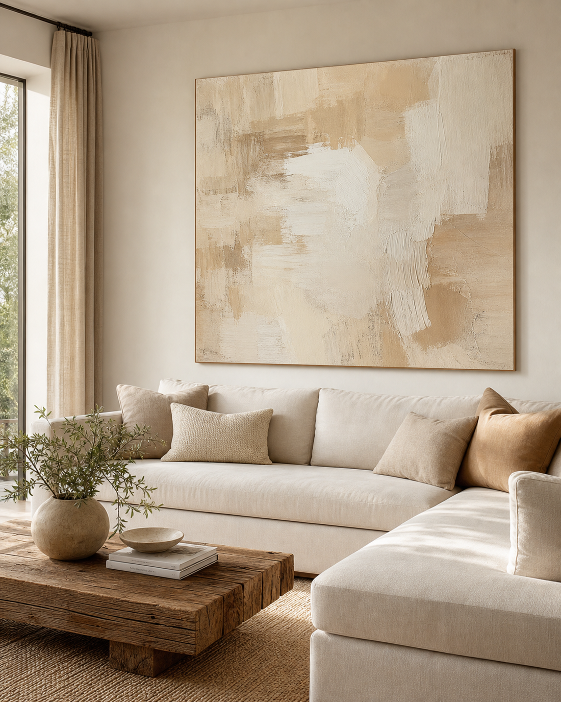 Oversized neutral hand-painted canvas above a living room sofa