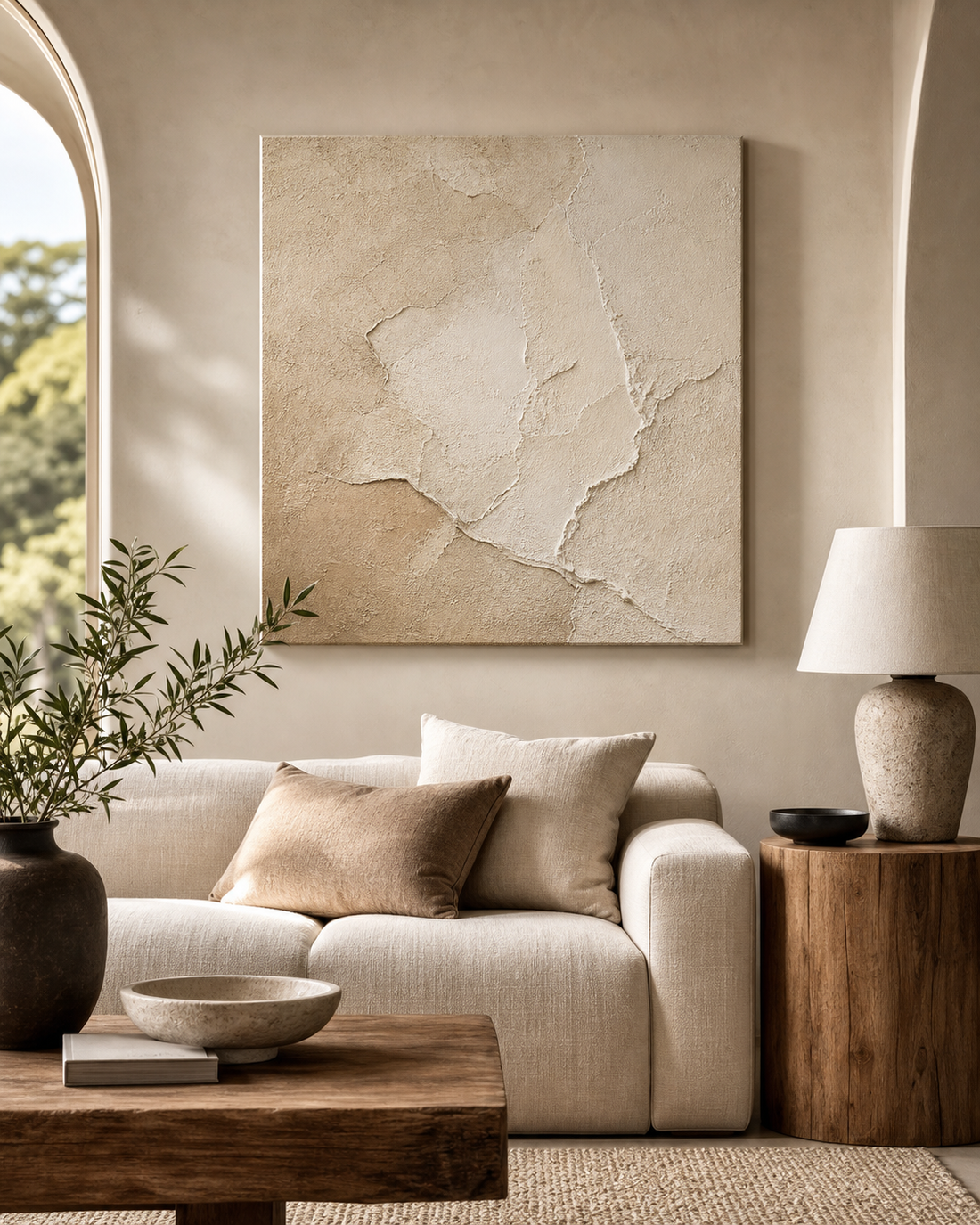 Beige wabi-sabi textured wall art in a neutral living room