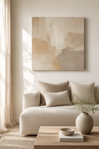 AB001 Beige Abstract Canvas Painting in a neutral living room
