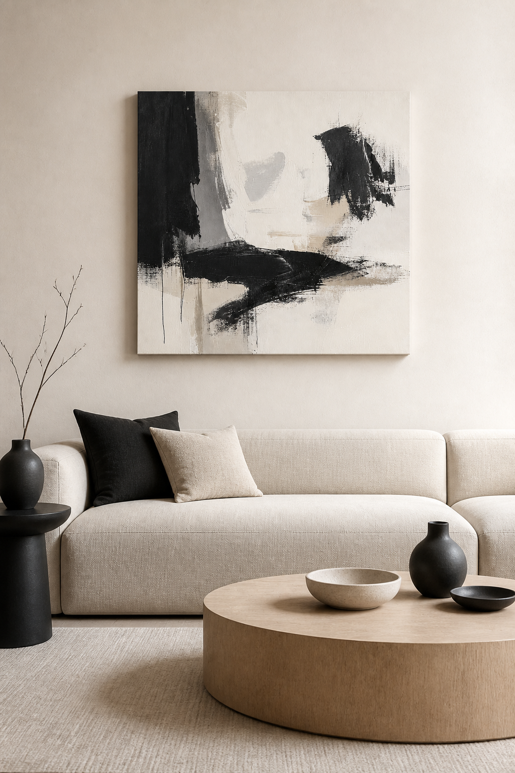 AB002 Black and White Abstract Wall Art in a modern living room