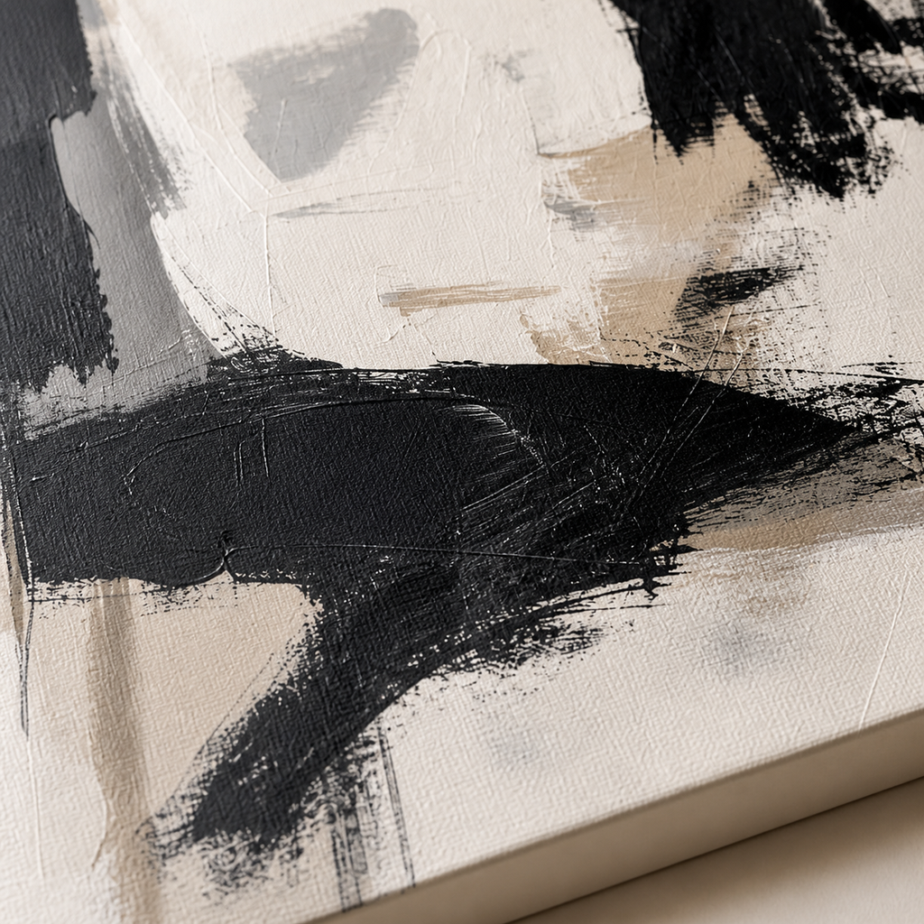 Close-up brushwork detail of AB002 Black and White Abstract Wall Art