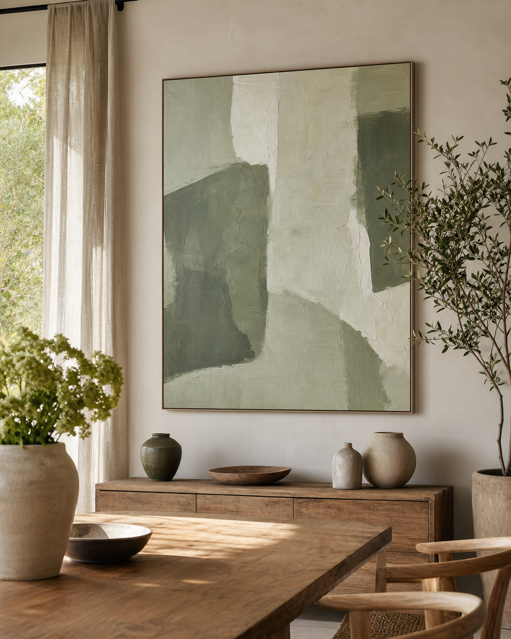 AB004 Sage Green Abstract Wall Art in an organic modern living room