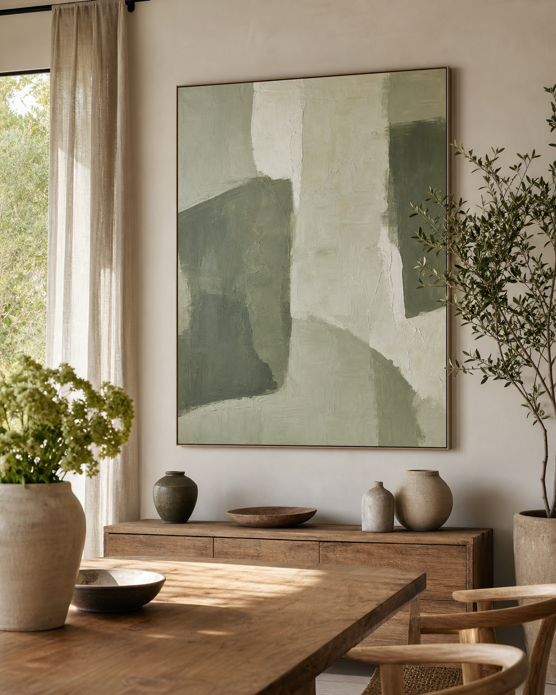 AB004 Sage Green Abstract Wall Art in an organic modern living room