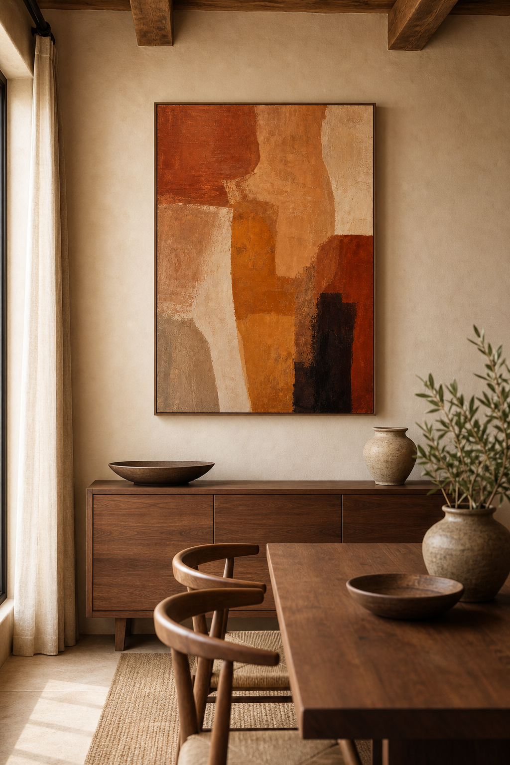 AB005 terracotta earth tone abstract painting in warm dining room