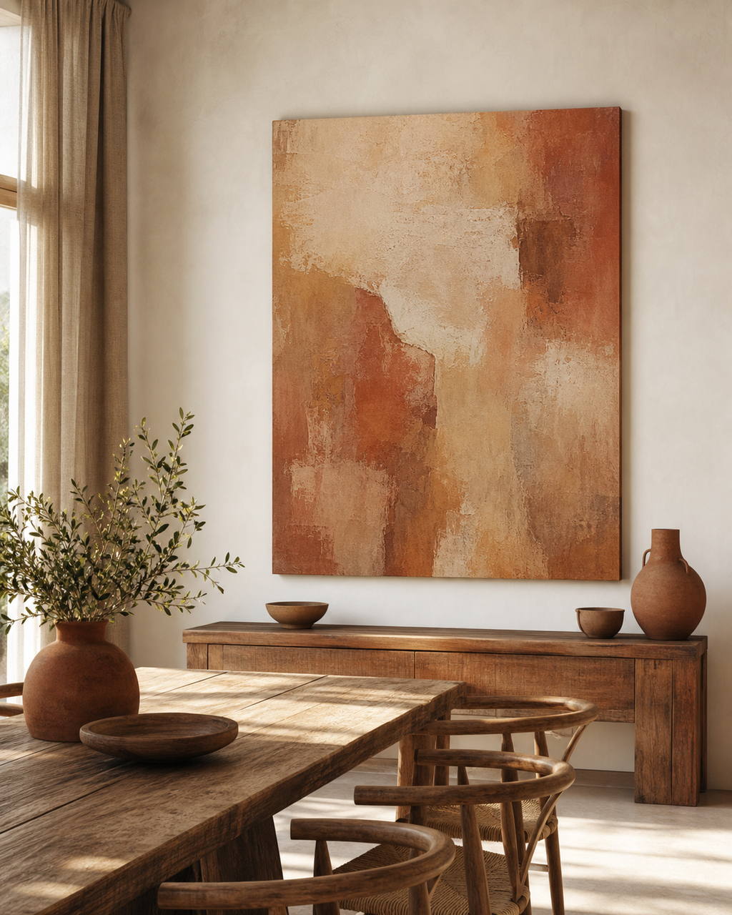 AB005 terracotta earth tone abstract painting size reference in dining room