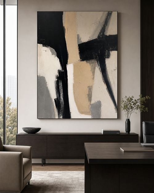 Black Beige Statement Abstract Painting #AB011 displayed in a styled interior