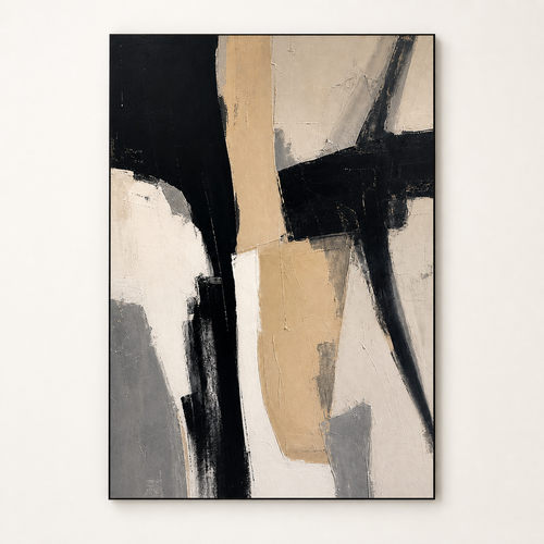 Front view of Black Beige Statement Abstract Painting #AB011, showing the complete composition