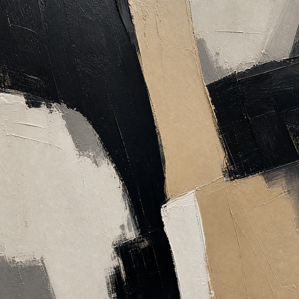 Close-up of hand-painted texture and brushwork in Black Beige Statement Abstract Painting #AB011