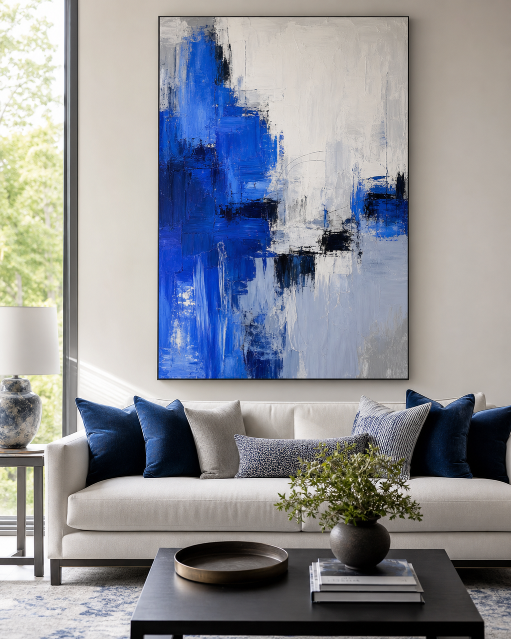 Cobalt Blue Abstract Canvas Painting #AB012 displayed in a styled interior