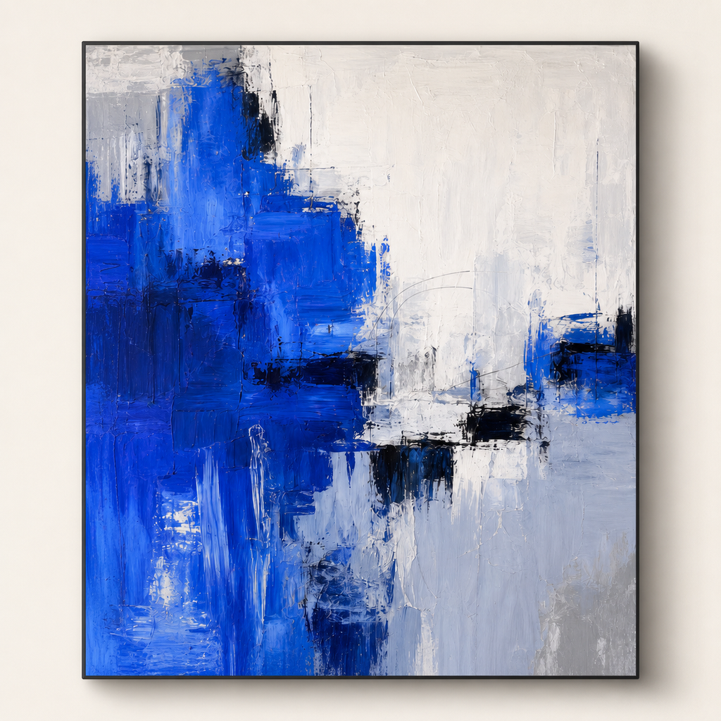 Front view of Cobalt Blue Abstract Canvas Painting #AB012, showing the complete composition