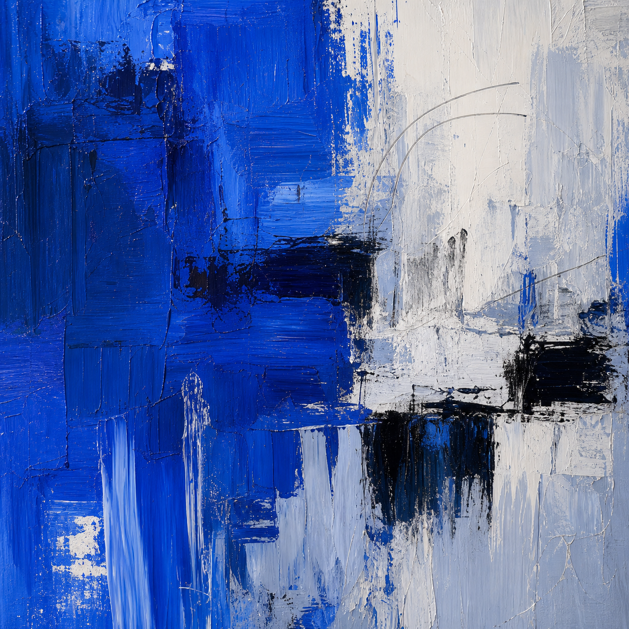 Close-up of hand-painted texture and brushwork in Cobalt Blue Abstract Canvas Painting #AB012