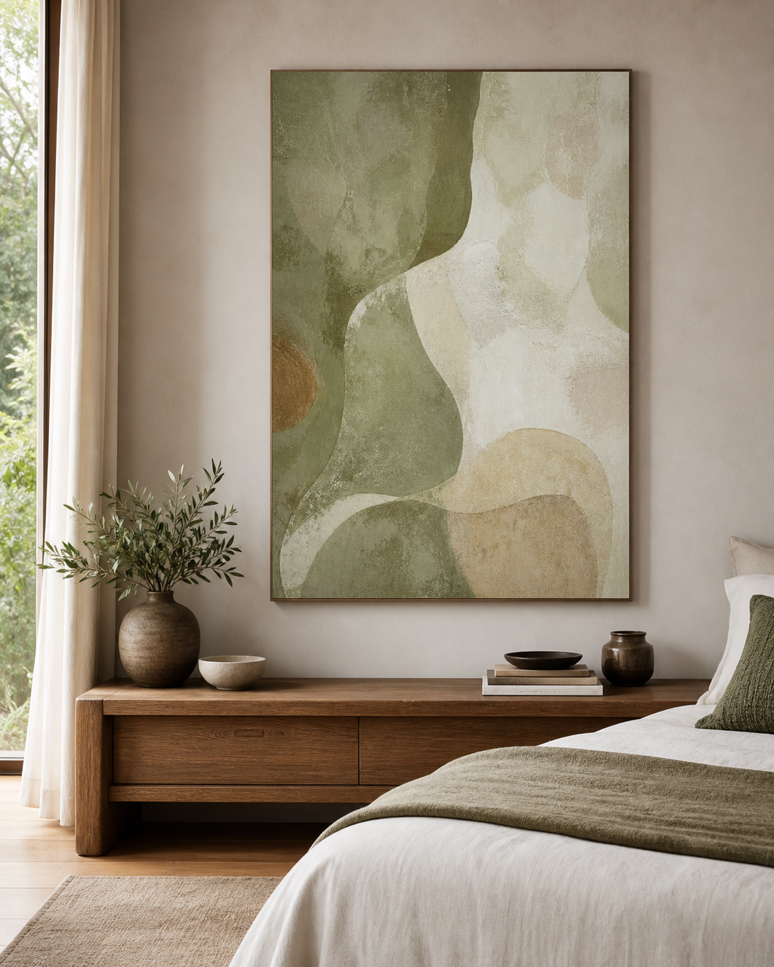 Sage Green Organic Abstract Painting #AB014 displayed in a styled interior