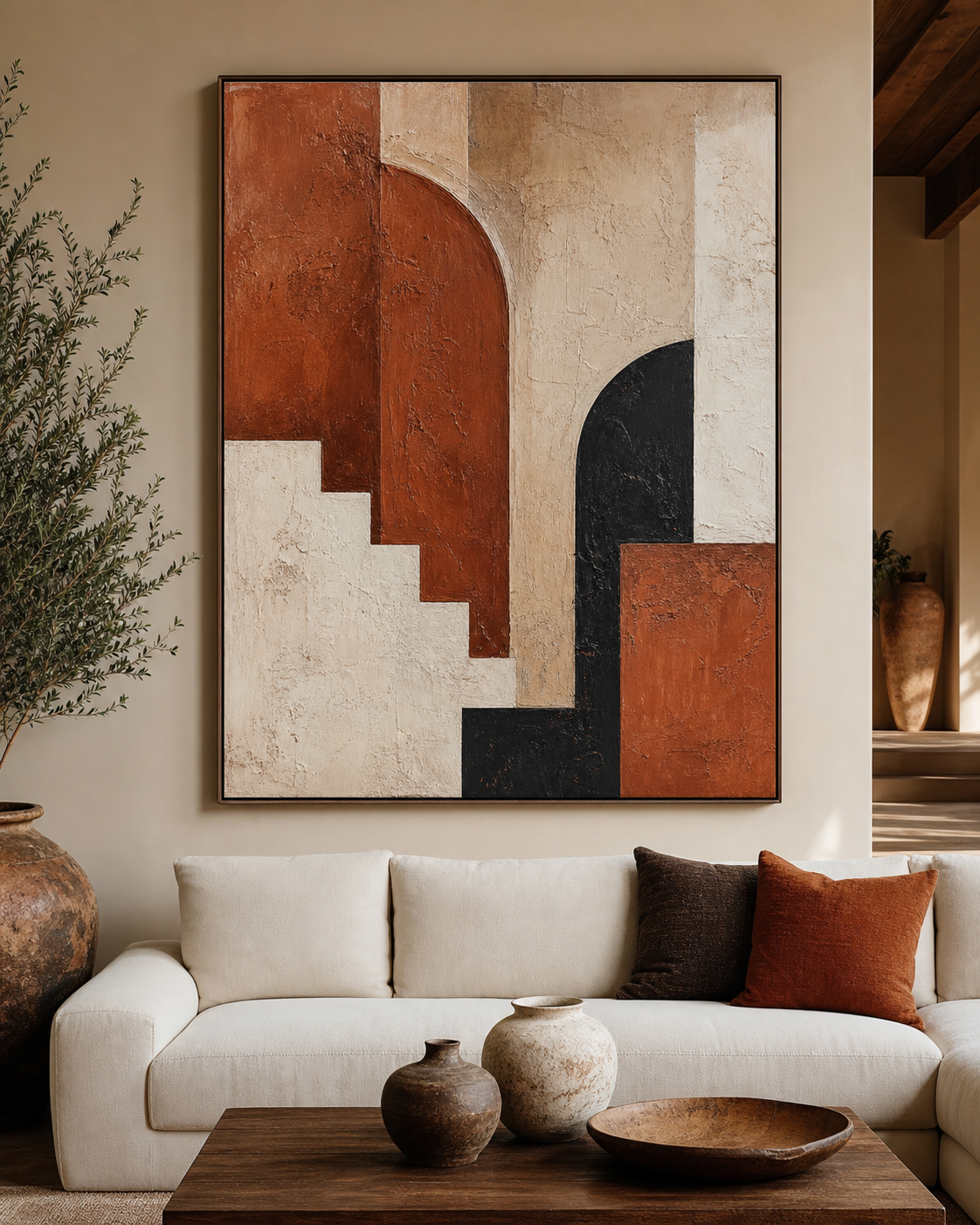Terracotta Earth Tone Statement Art #AB015 displayed in a styled interior