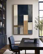 Navy Blue Minimal Abstract Canvas #AB016 displayed in a styled interior