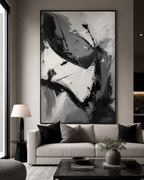 Black and White Gesture Abstract Art #AB017 displayed in a styled interior