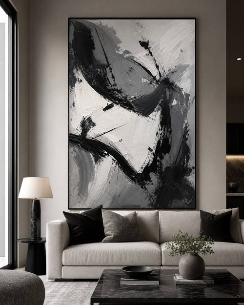Black and White Gesture Abstract Art #AB017 displayed in a styled interior