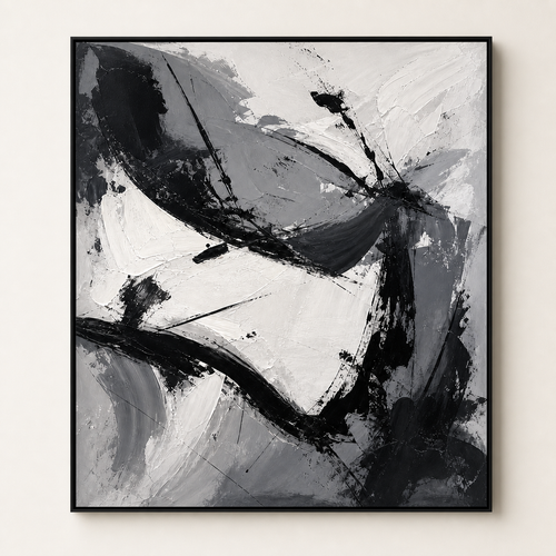 Front view of Black and White Gesture Abstract Art #AB017, showing the complete composition