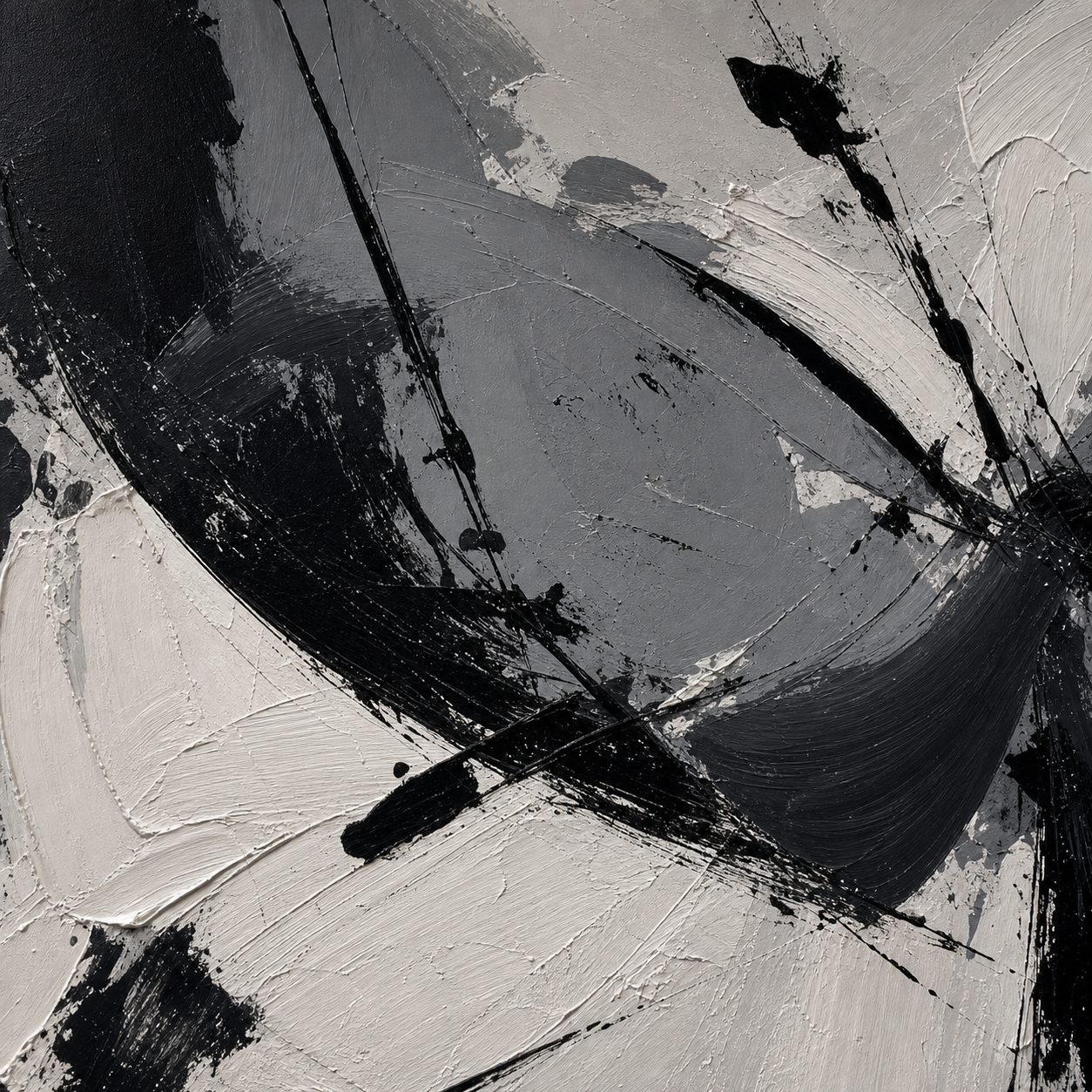 Close-up of hand-painted texture and brushwork in Black and White Gesture Abstract Art #AB017