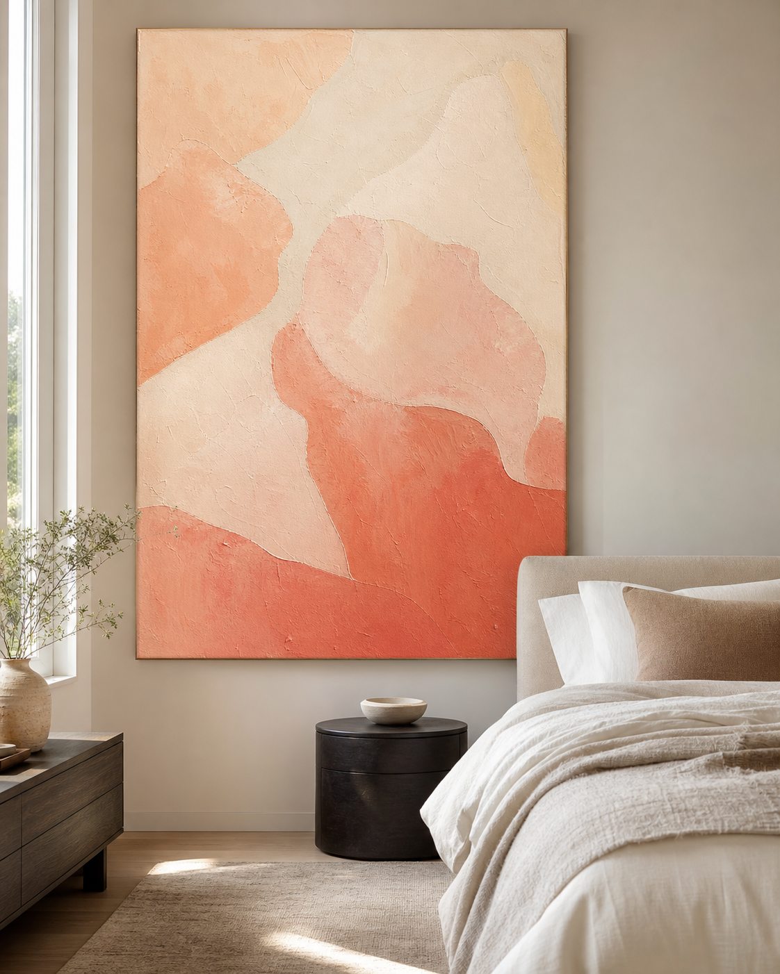 Soft Coral Peach Abstract Painting #AB018 displayed in a styled interior