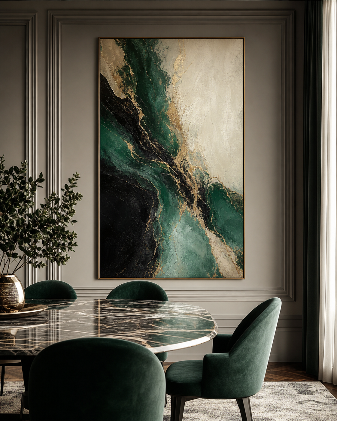 Emerald Green Luxury Abstract Art #AB019 displayed in a styled interior