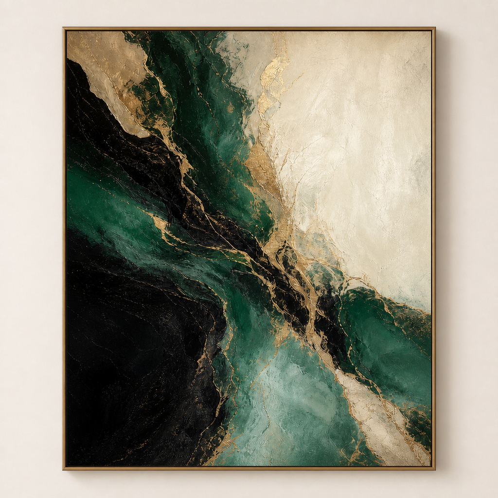 Front view of Emerald Green Luxury Abstract Art #AB019, showing the complete composition