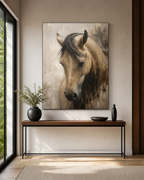 AN001 minimalist horse portrait painting size reference above console