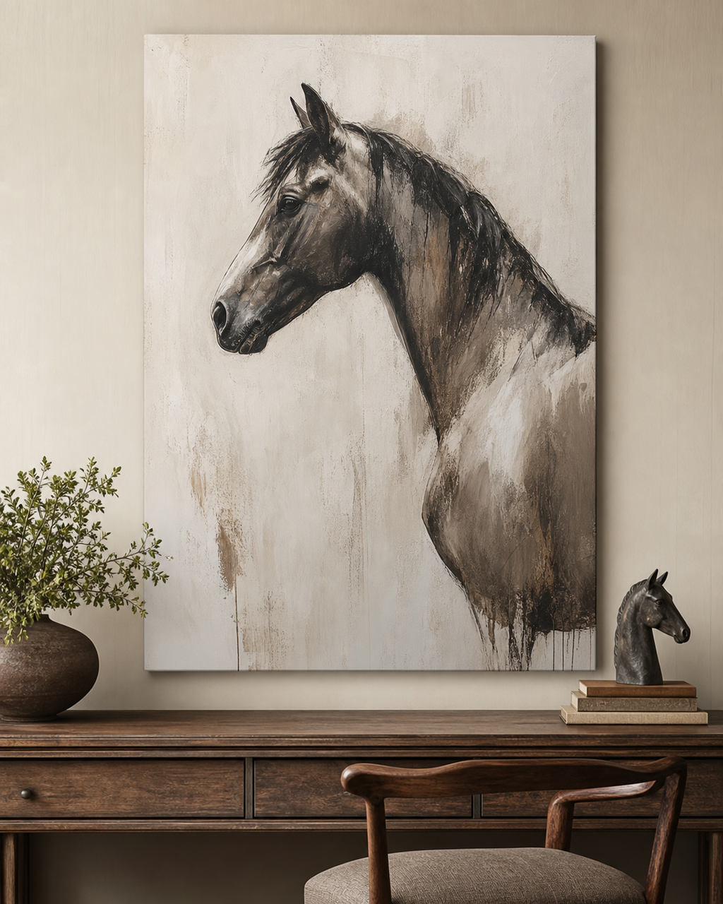 Custom Minimal Horse Painting #AN002 displayed in a styled interior