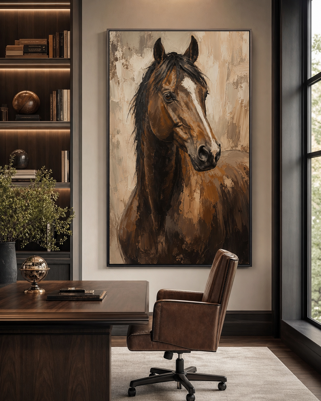 Modern Brown Horse Oil Painting #AN003 displayed in a styled interior