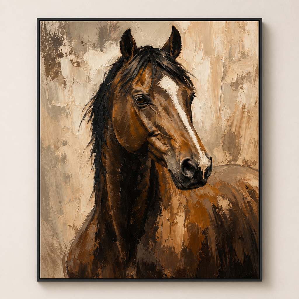Front view of Modern Brown Horse Oil Painting #AN003, showing the complete composition