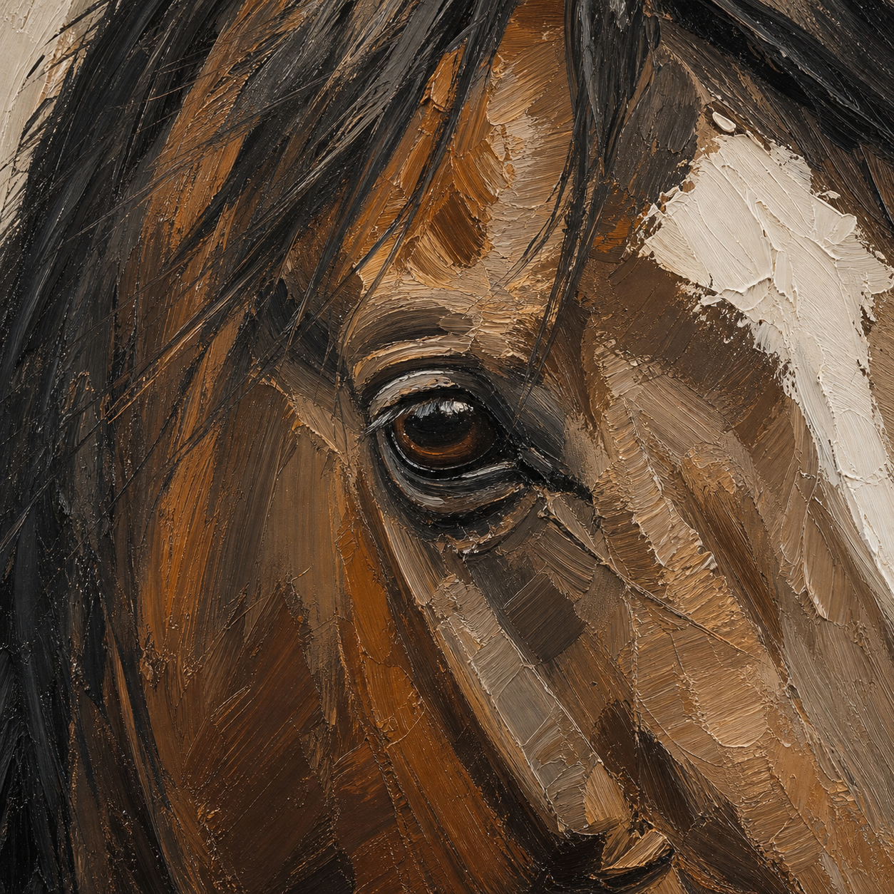 Close-up of hand-painted texture and brushwork in Modern Brown Horse Oil Painting #AN003