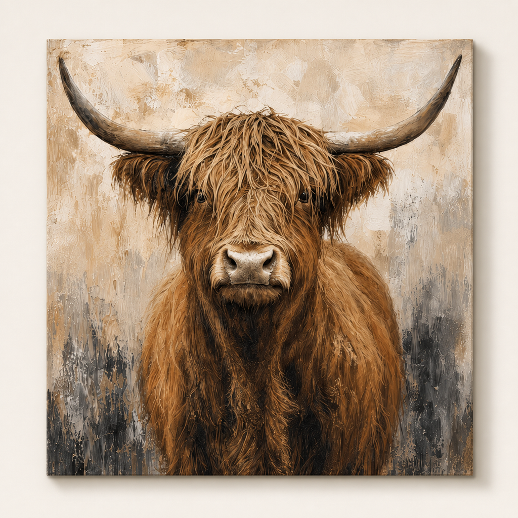 Front view of Highland Cow Portrait Wall Art #AN004, showing the complete composition