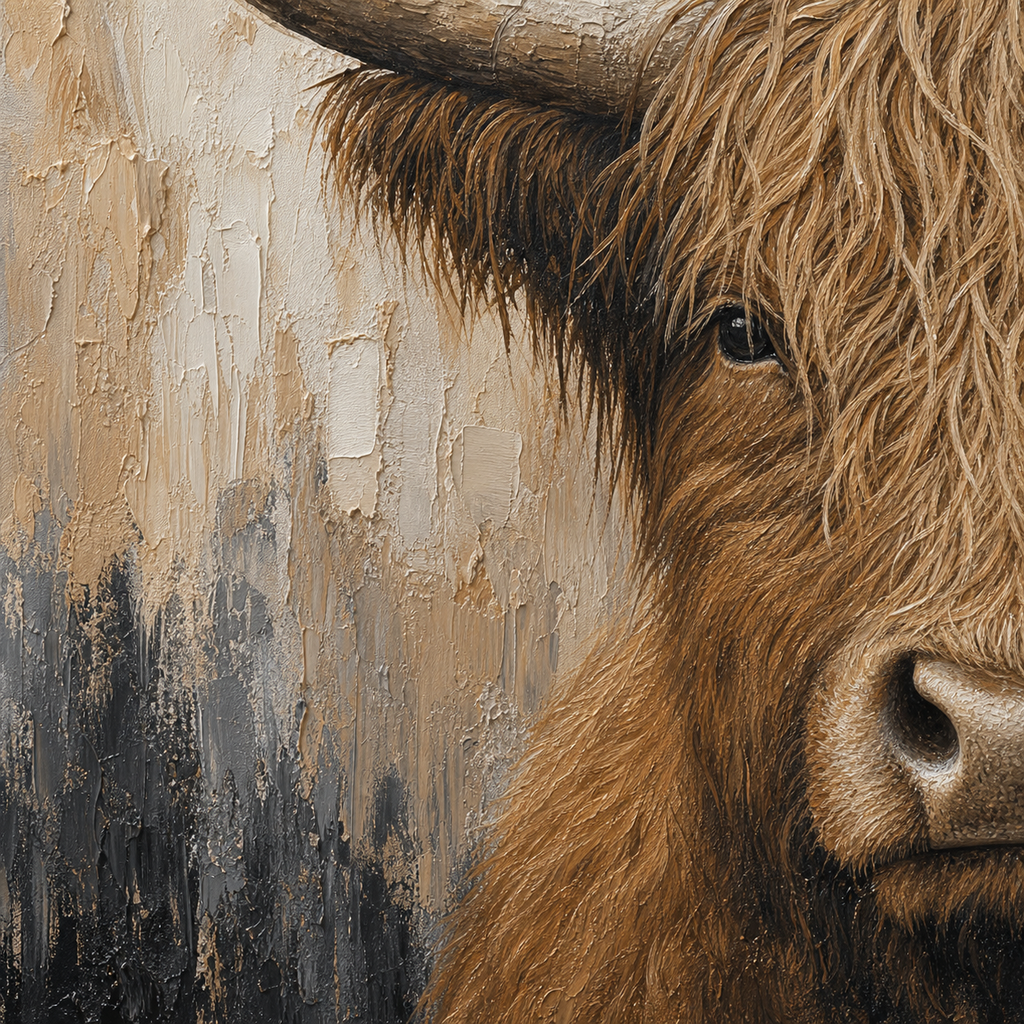 Close-up of hand-painted texture and brushwork in Highland Cow Portrait Wall Art #AN004