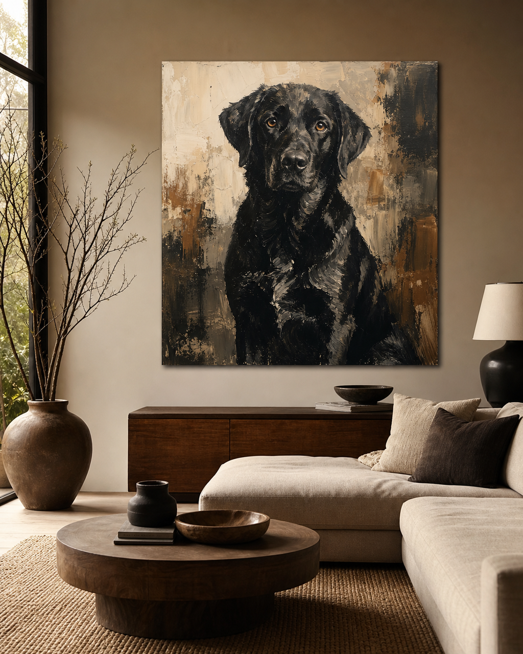 Custom Black Dog Portrait Painting #AN005 displayed in a styled interior