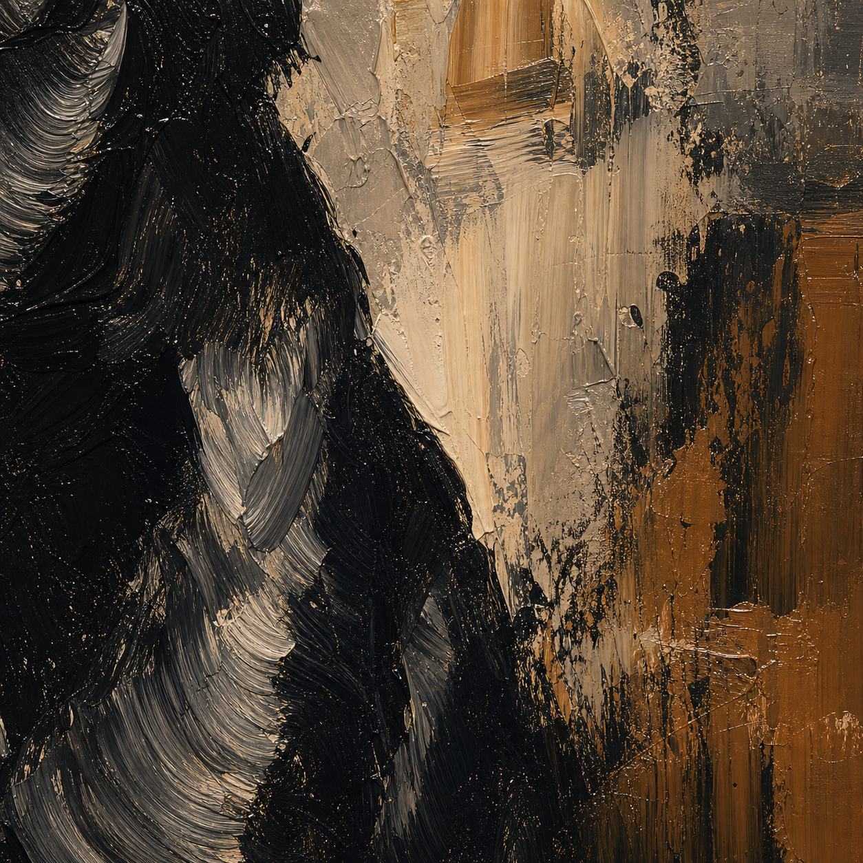 Close-up of hand-painted texture and brushwork in Custom Black Dog Portrait Painting #AN005
