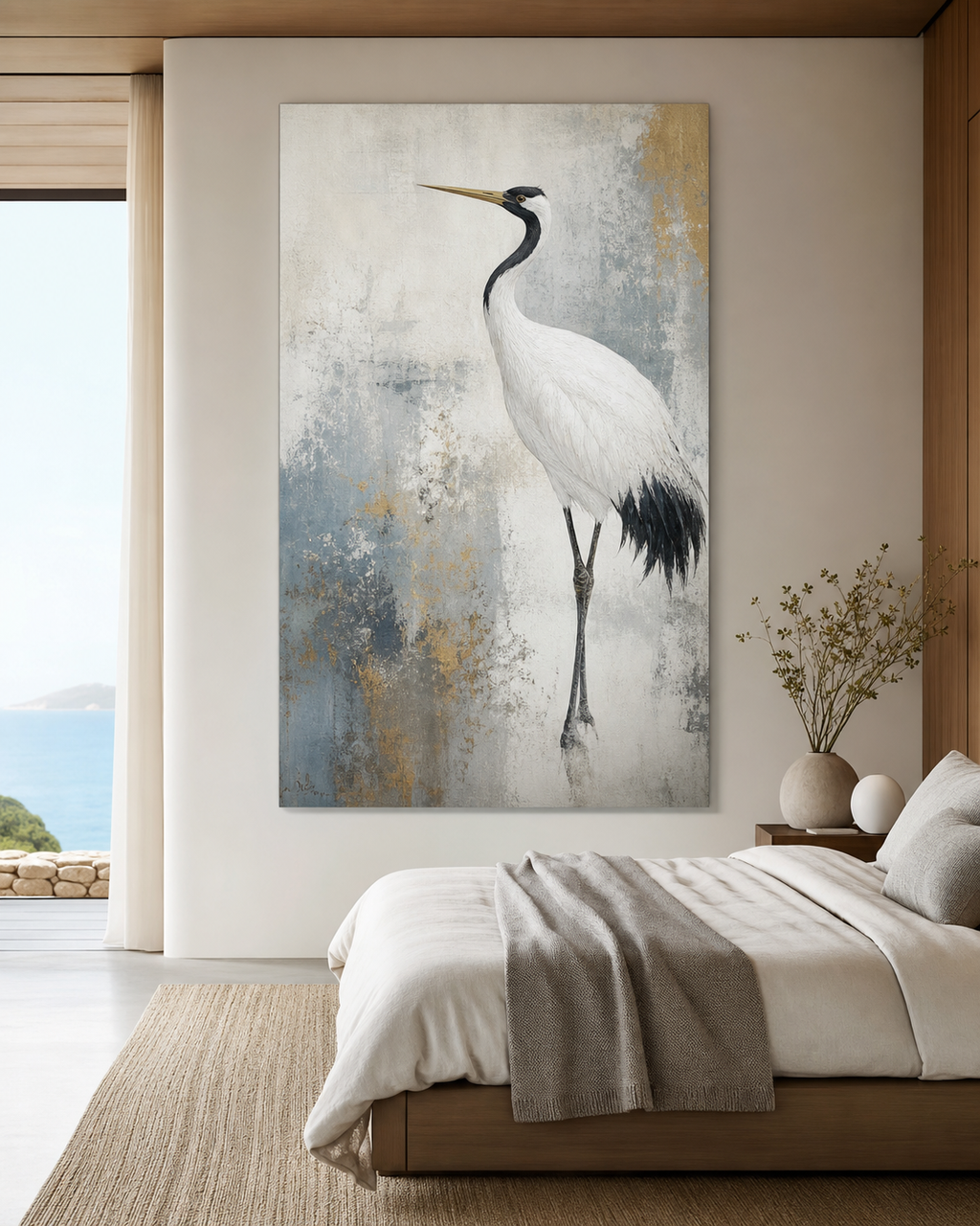 White Crane Minimal Animal Painting #AN006 displayed in a styled interior