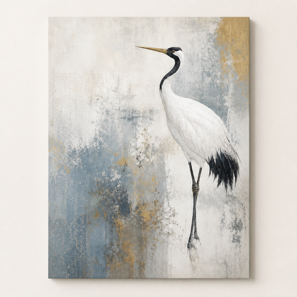 Front view of White Crane Minimal Animal Painting #AN006, showing the complete composition
