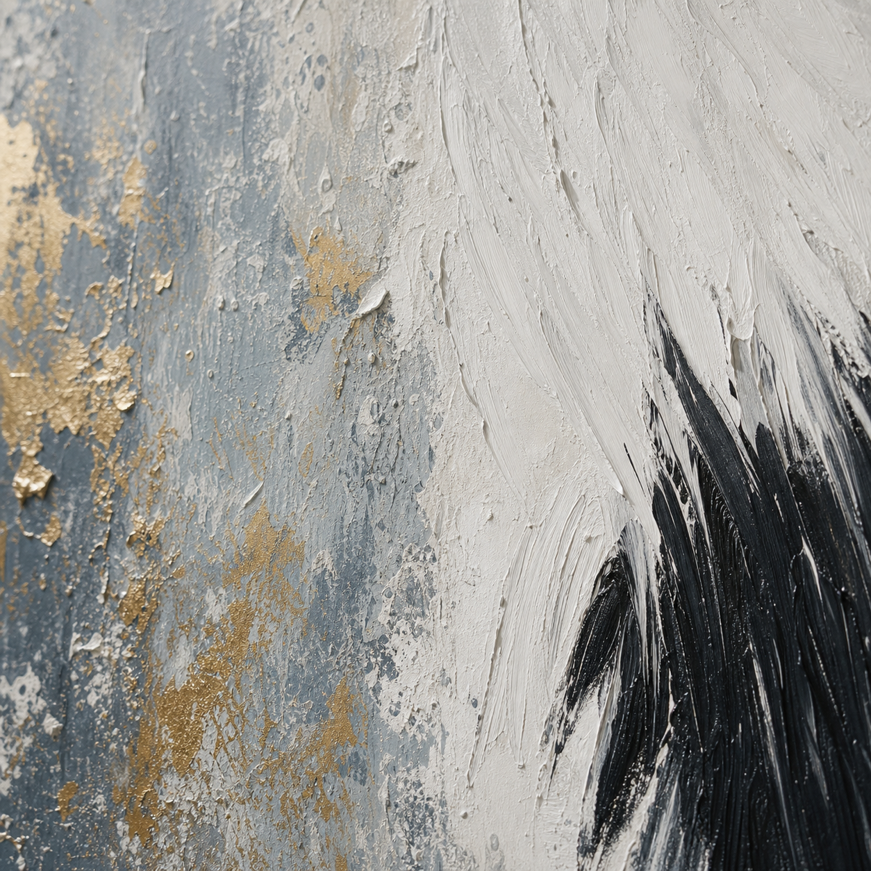 Close-up of hand-painted texture and brushwork in White Crane Minimal Animal Painting #AN006