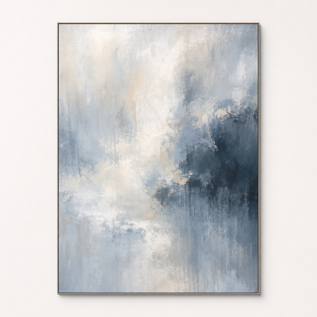 Front view of soft blue grey abstract wall art