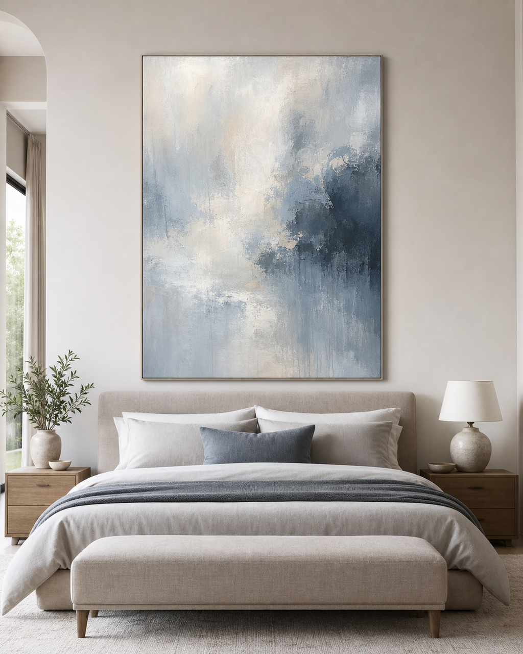 Soft blue grey abstract wall art in a calm modern bedroom