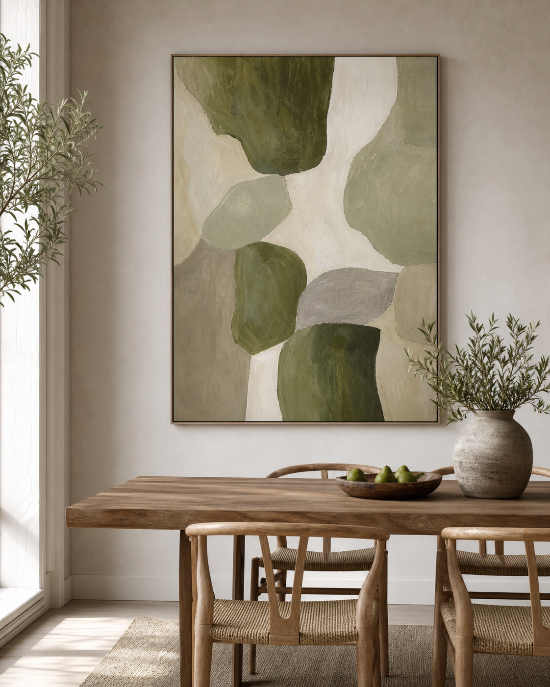 Olive green abstract canvas art in a natural modern dining room