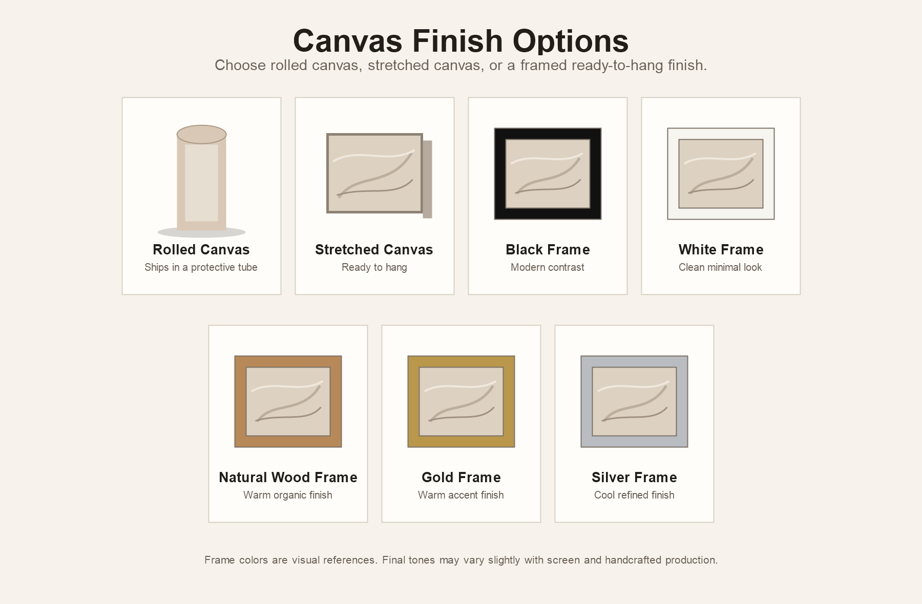 Canvas finish options: rolled canvas, stretched canvas, black frame, white frame, natural wood frame, gold frame, and silver frame