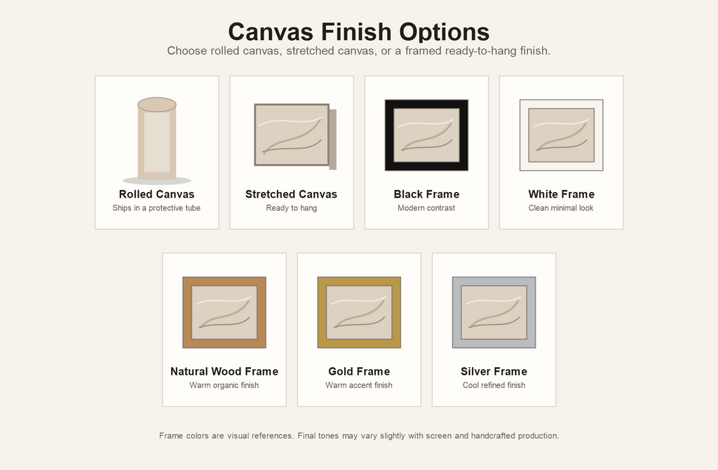Canvas finish options: rolled canvas, stretched canvas, black frame, white frame, natural wood frame, gold frame, and silver frame