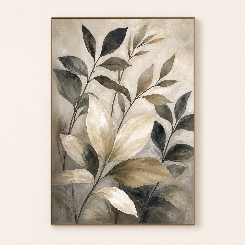Front view of large neutral botanical painting