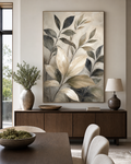 Large neutral botanical painting in a contemporary dining room