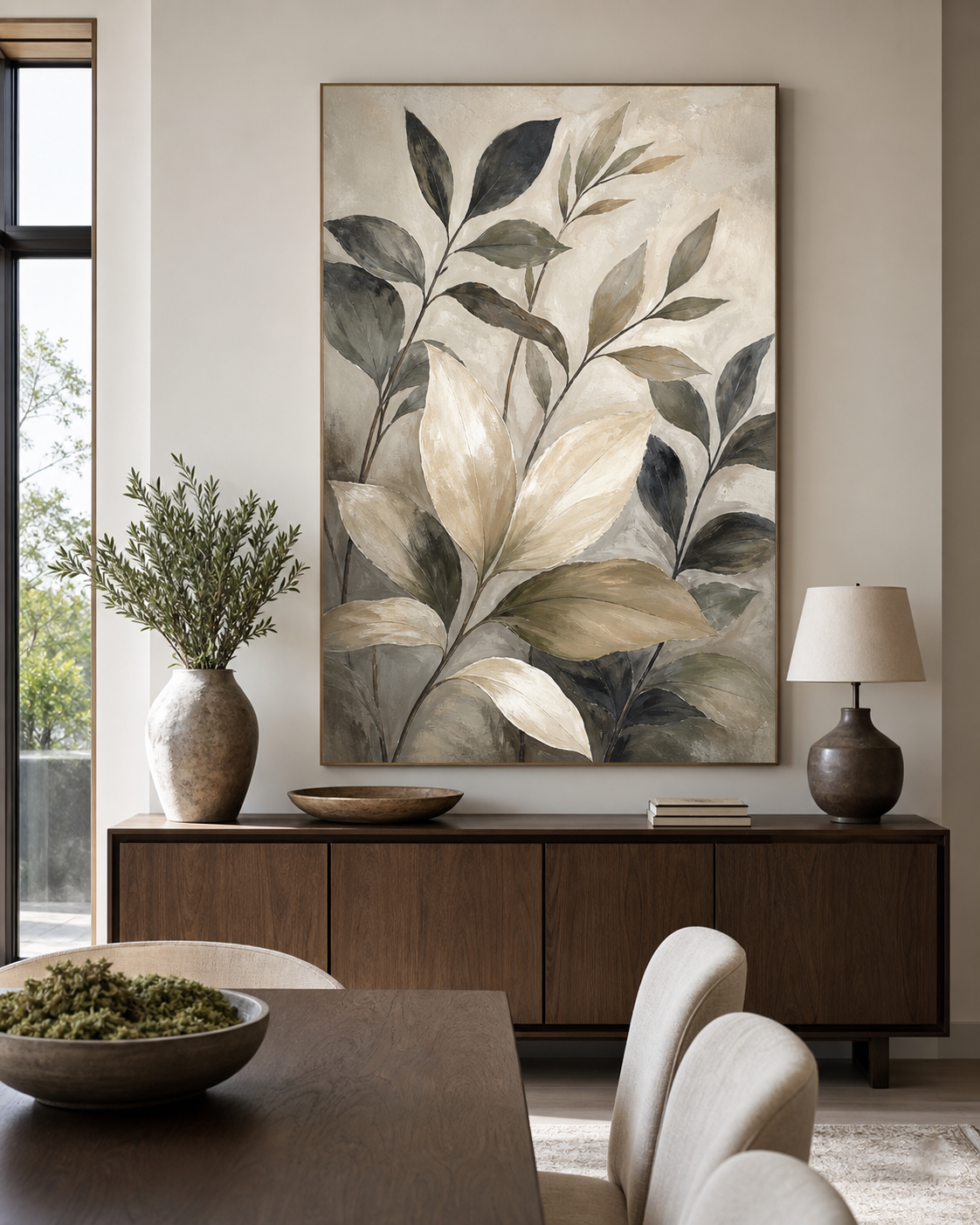 Large neutral botanical painting in a contemporary dining room