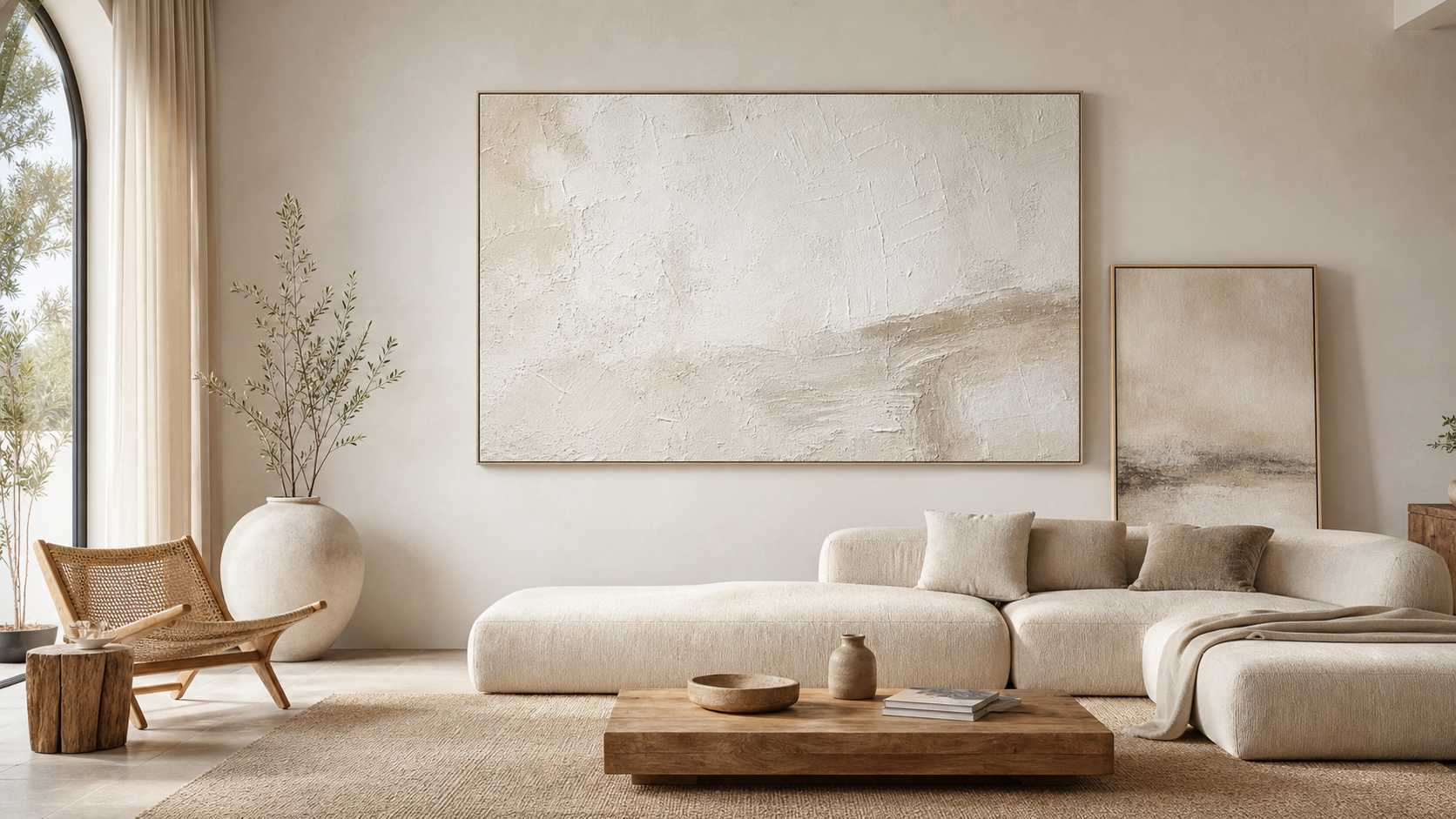 ArtXStar custom hand-painted textured wall art in a neutral modern living room