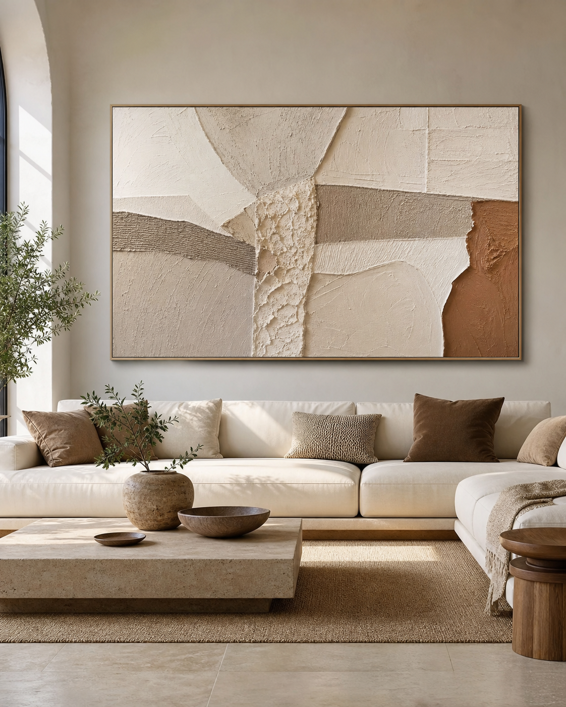 Oversized textured wall art above a cream sectional