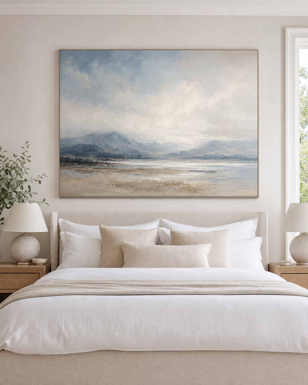 Soft blue abstract landscape painting in a calm bedroom