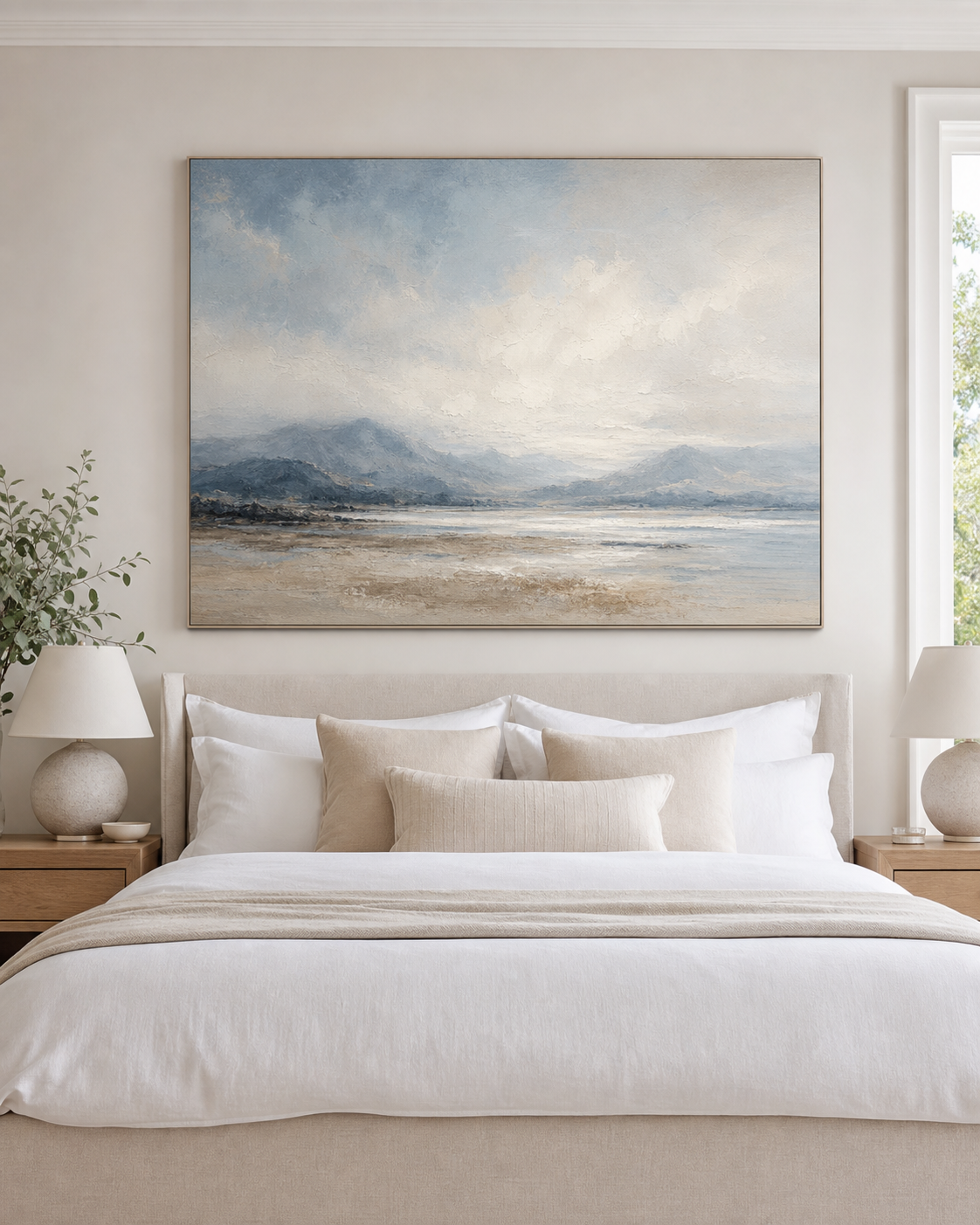 Soft blue abstract landscape painting in a calm bedroom