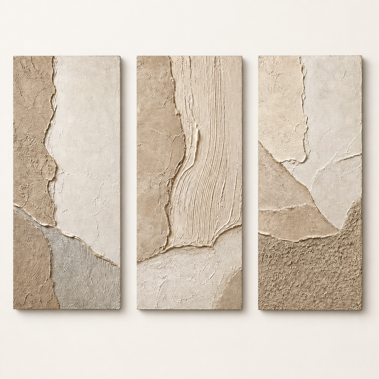 Front view of wabi-sabi textured canvas set of three